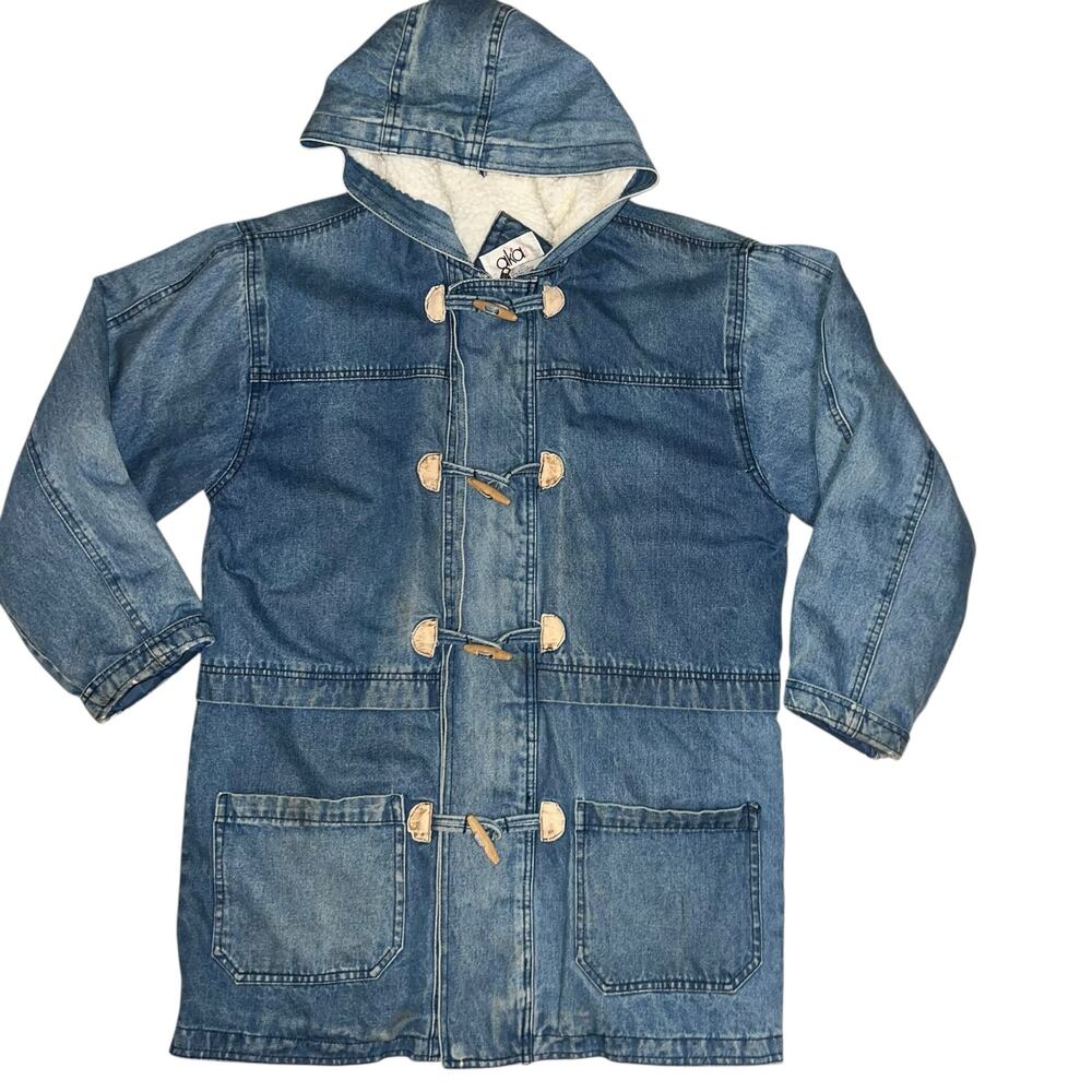 Denim Duffle chore Coat Hooded Toggle Jacket Sherpa Lined Blue women size small